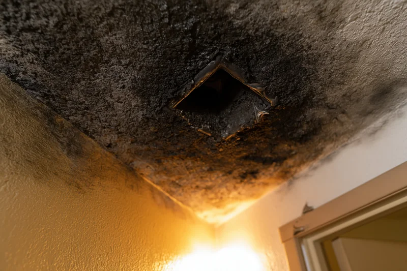 Fire-damaged ceiling with burnt hole and soot-stained walls in room corner