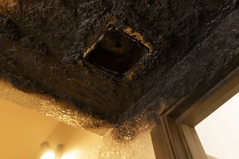Fire-damaged ceiling with charred surface and hole in interior room corner