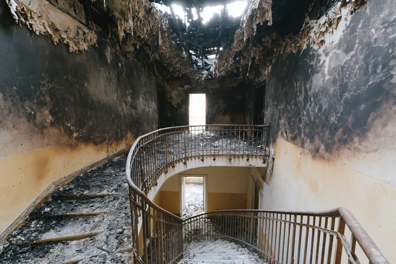 Charred interior of abandoned building with spiral staircase and collapsed ceiling