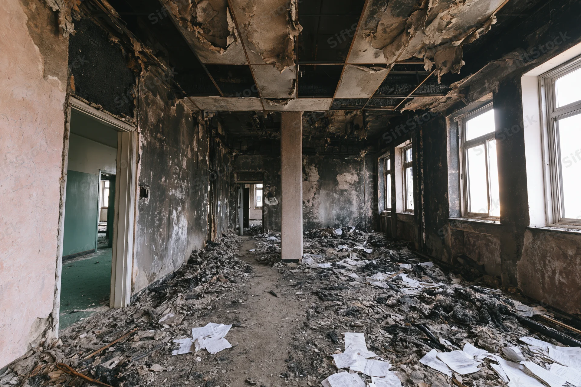 Fire-damaged interior of an abandoned building hallway filled with debris and charred walls