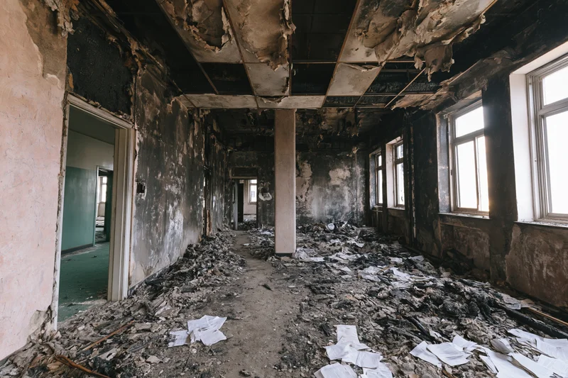 Fire-damaged interior of an abandoned building hallway filled with debris and charred walls