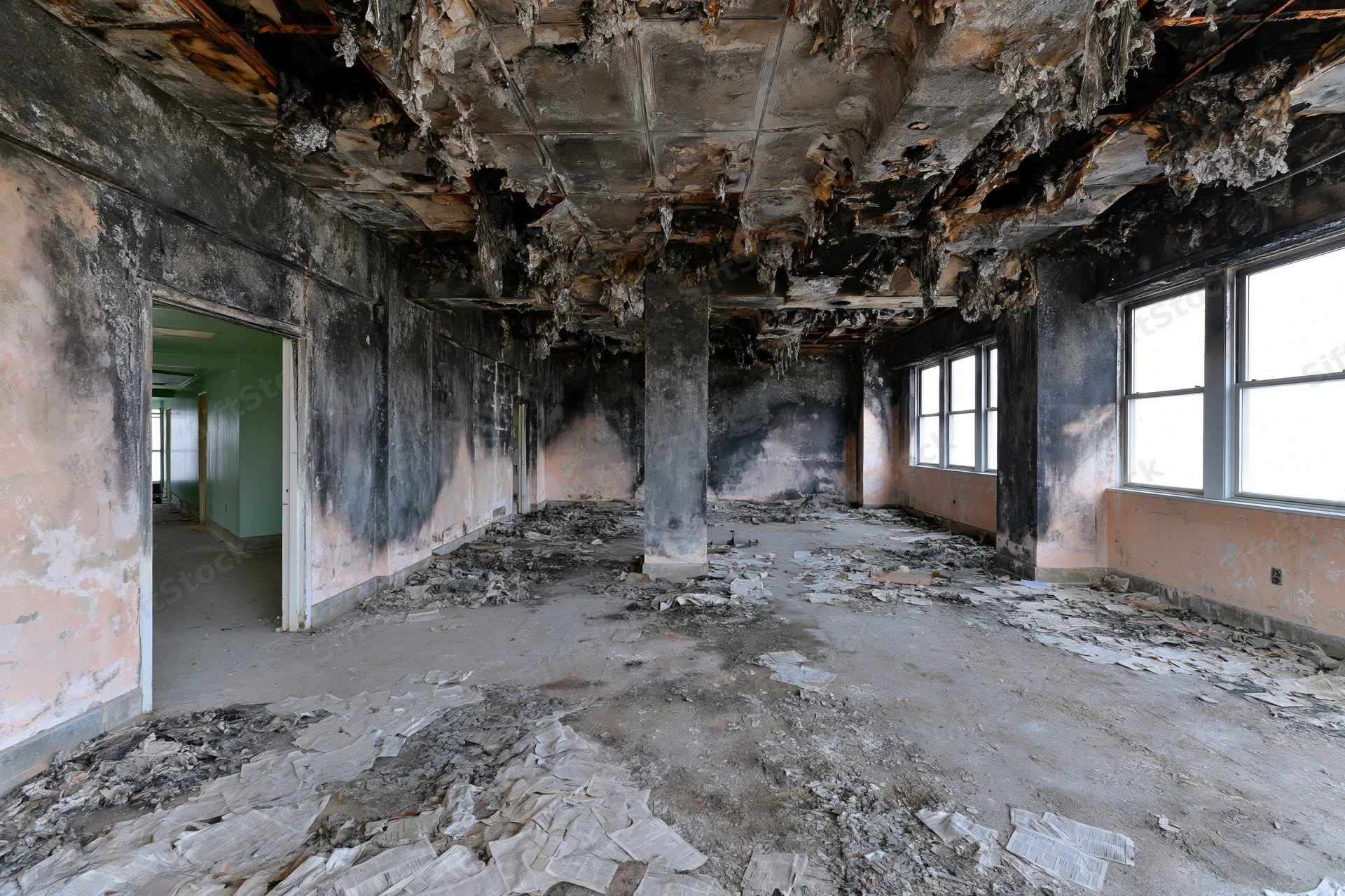 Wide-angle view of fire-damaged interior of abandoned building with charred ceiling and debris on floor