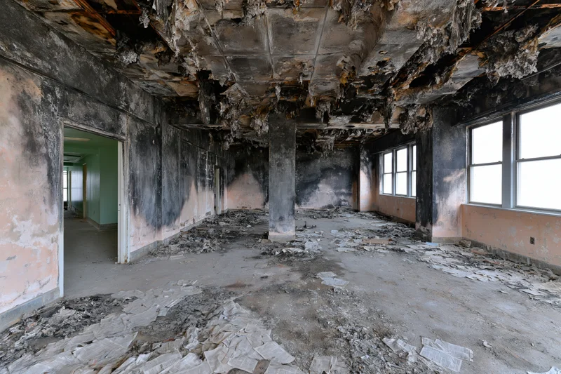 Wide-angle view of fire-damaged interior of abandoned building with charred ceiling and debris on floor