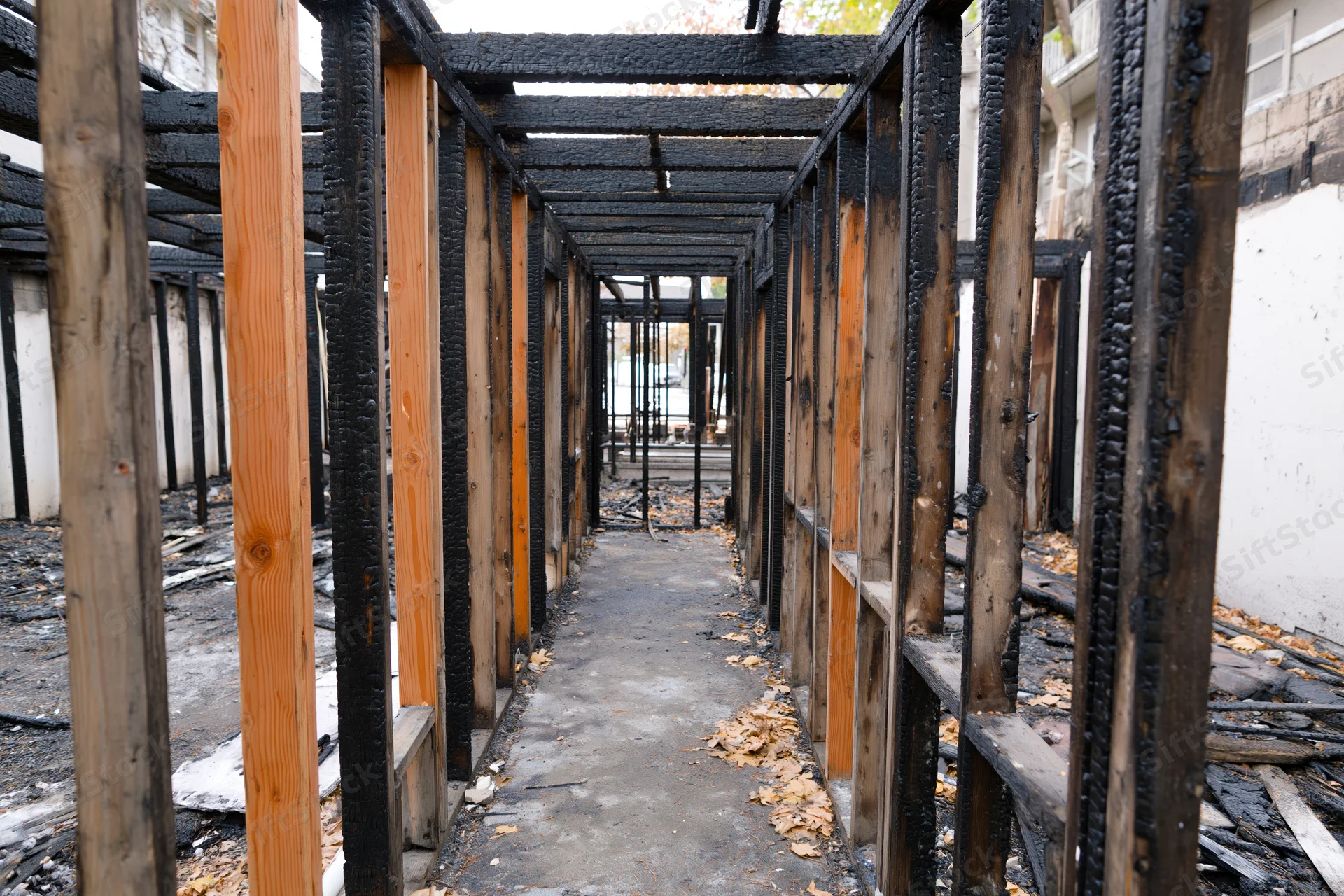 Charred wooden frame of a fire-damaged building interior with exposed beams and debris on the floor