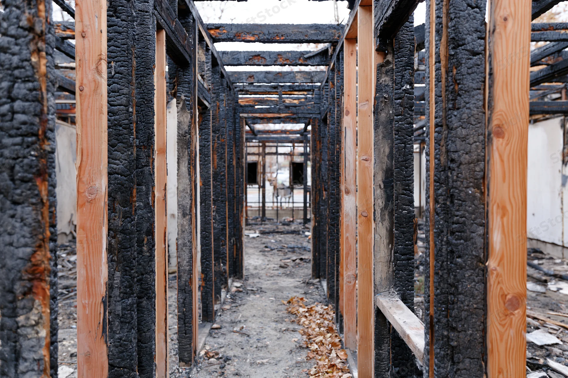 Charred wooden frame of a fire-damaged building interior with debris on floor