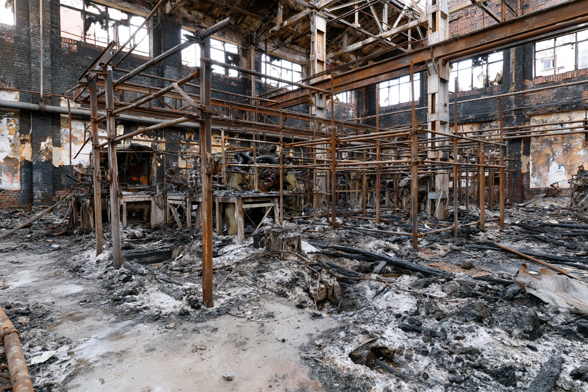 Burned industrial factory interior with charred metal framework and rubble on concrete floor