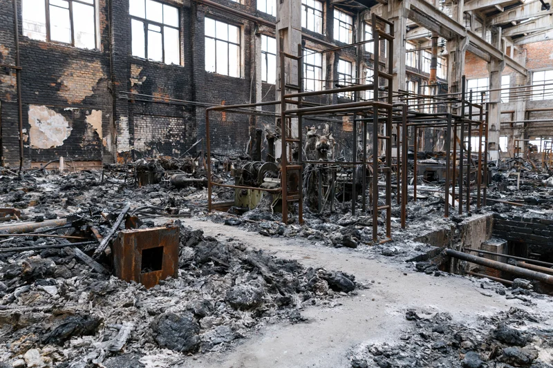 Interior of a fire-damaged industrial factory building gutted with charred debris and exposed steel framework