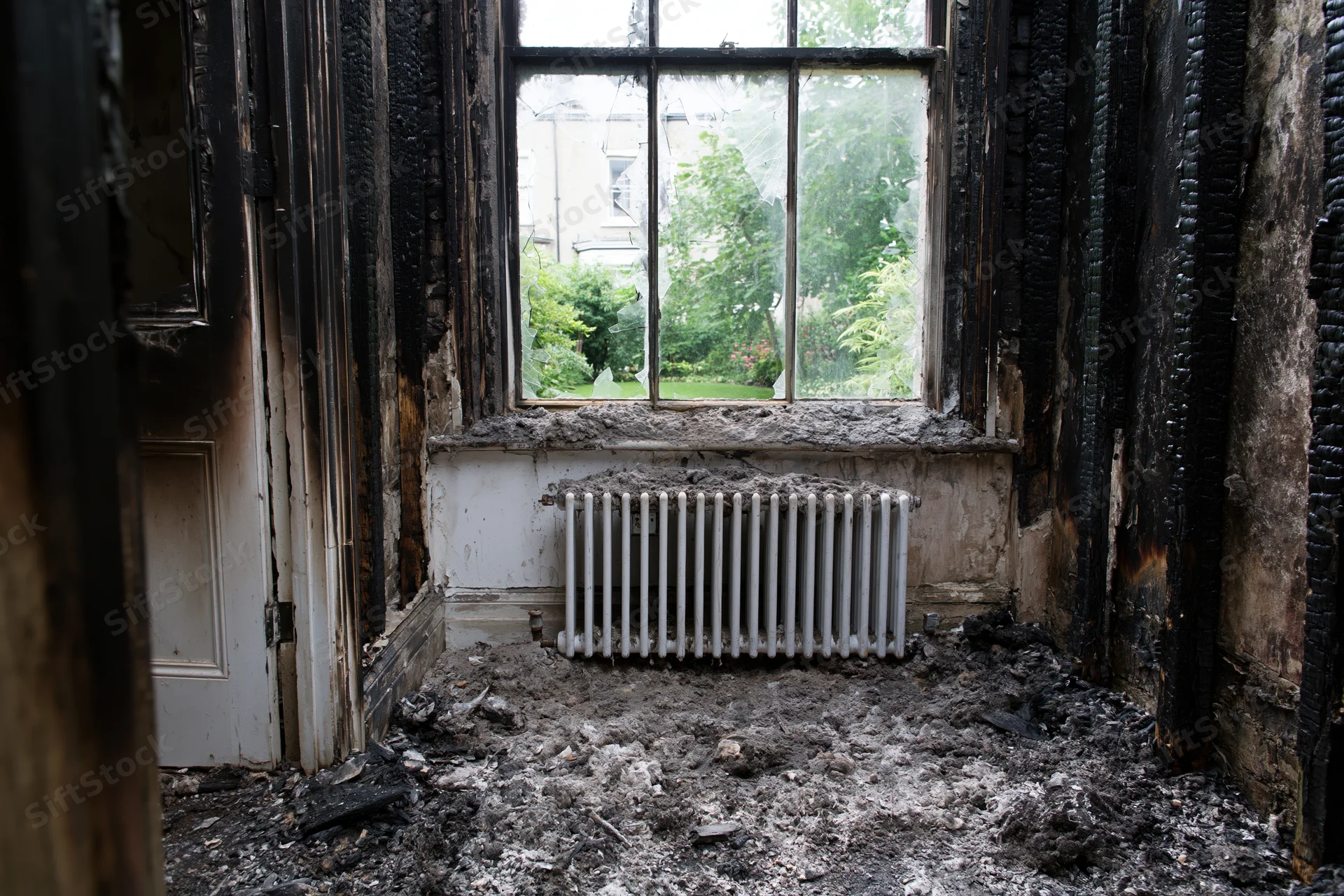 Fire-damaged room interior with charred walls and debris around a radiator under a window