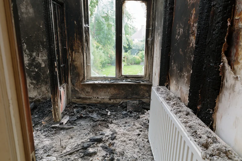 Fire-damaged room interior with charred walls and debris near a window and radiator