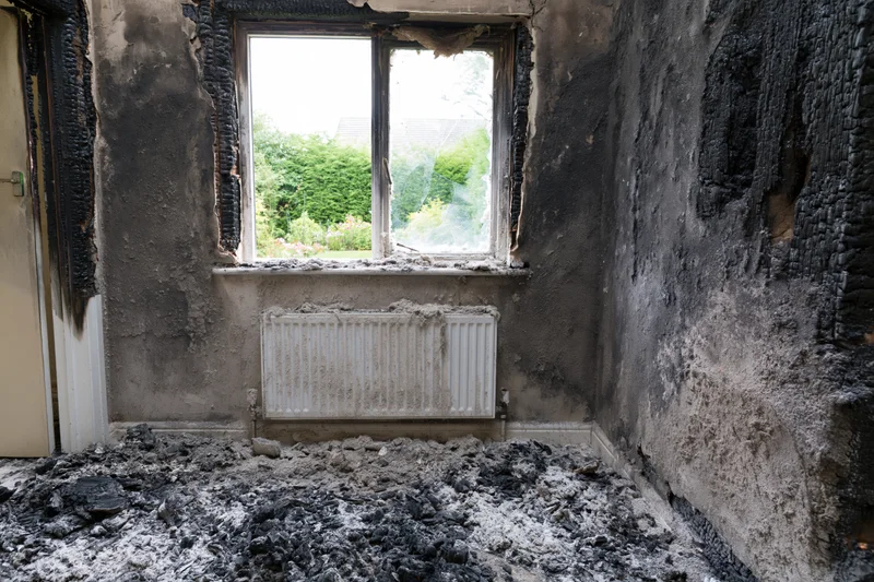 Fire-damaged room interior with charred walls and debris on floor near window and radiator