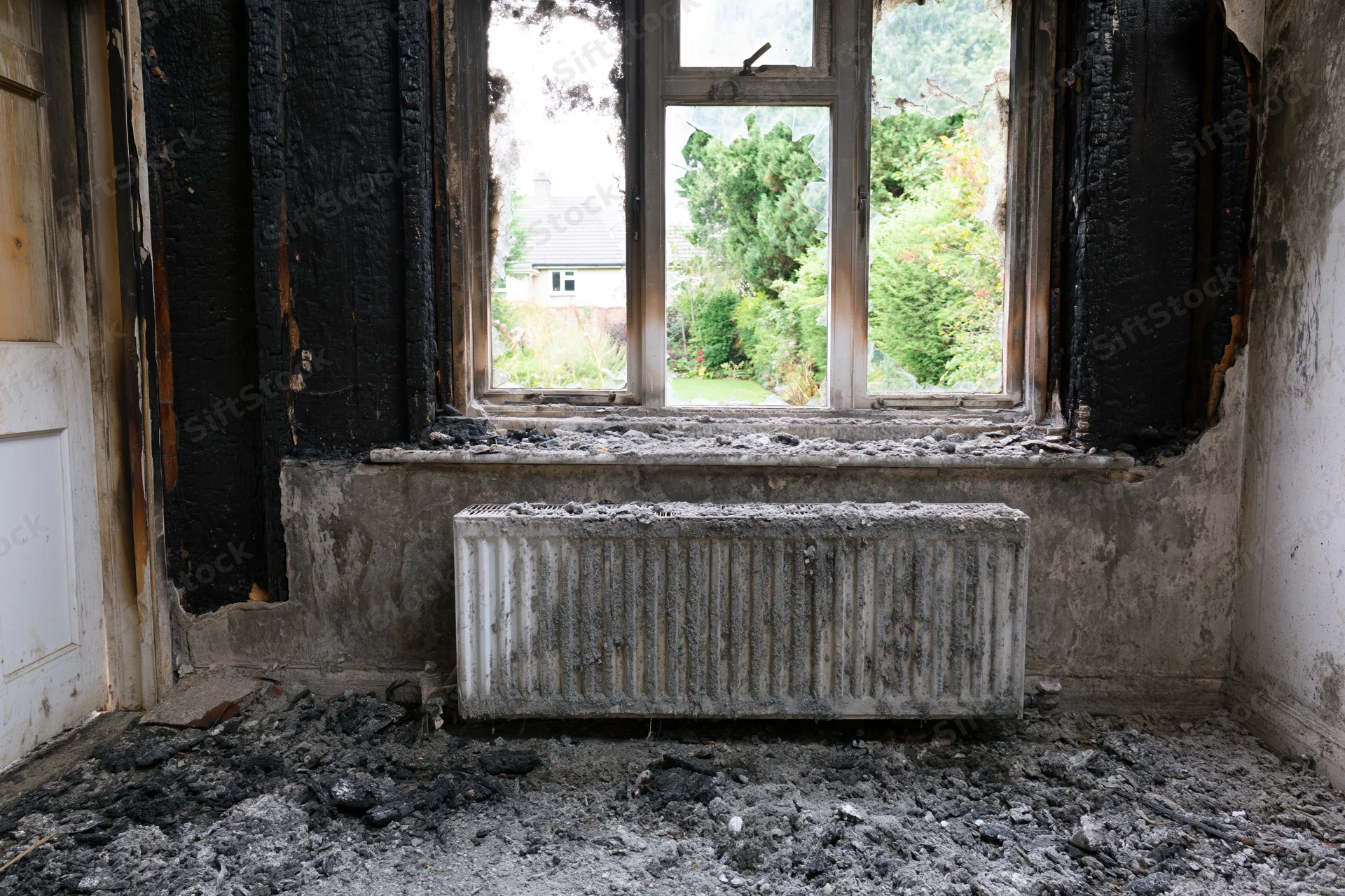 Fire-damaged room interior with charred walls and debris near a window overlooking a garden
