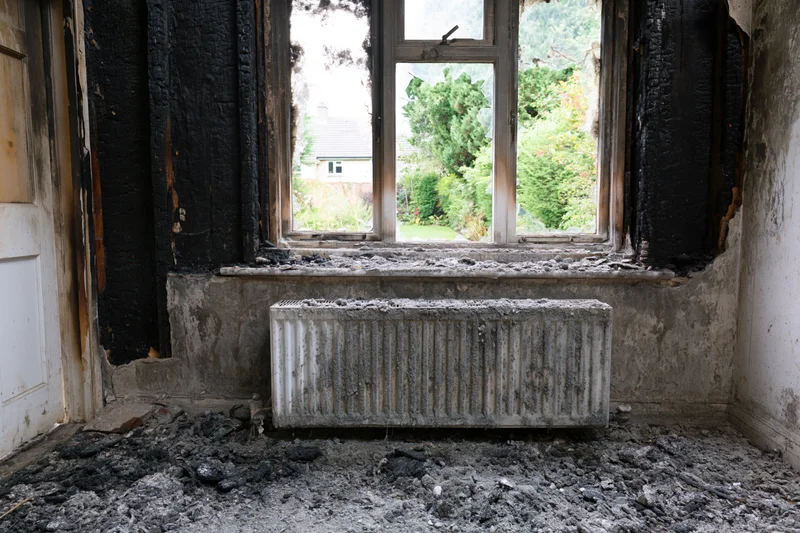 Fire-damaged room interior with charred walls and debris near a window overlooking a garden