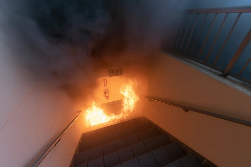 Fire burning in a stairwell below an exit sign with smoke filling the air