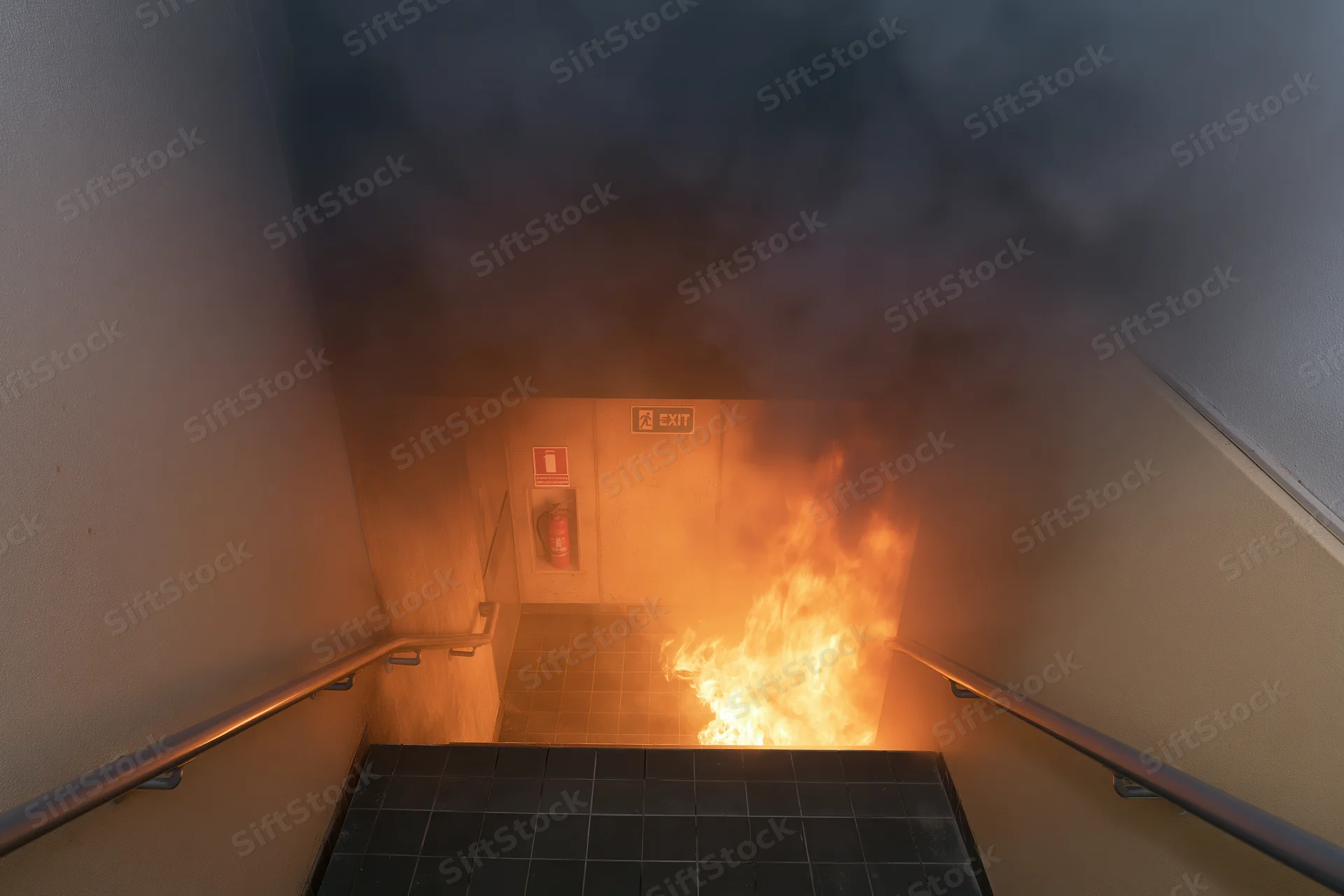 Fire burning in a stairwell with smoke and exit sign visible below