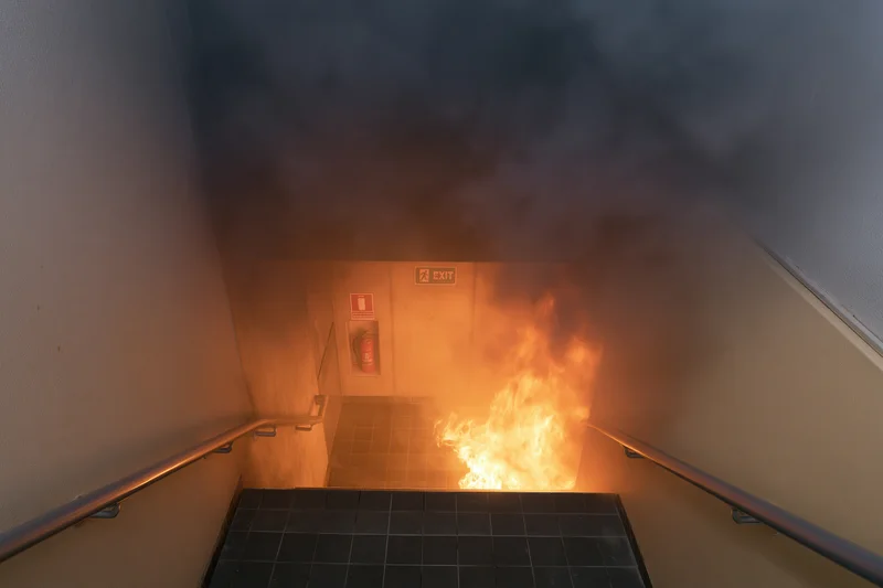 Fire burning in a stairwell with smoke and exit sign visible below