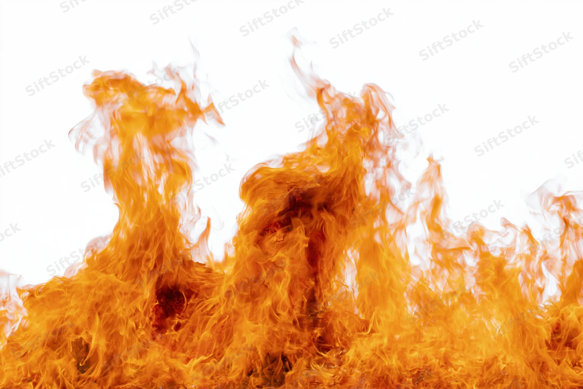 Fire flames burning upward against a pure white background