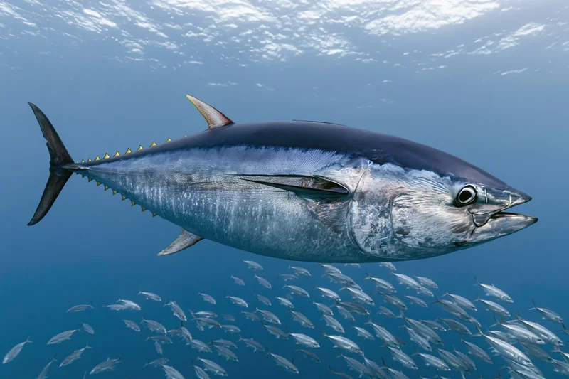 Large atlantic bluefin tuna swimming horizontally through open ocean with school of sardines below