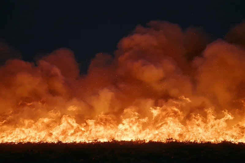 Large fire burning across a dark landscape at night with flames and smoke rising into the sky