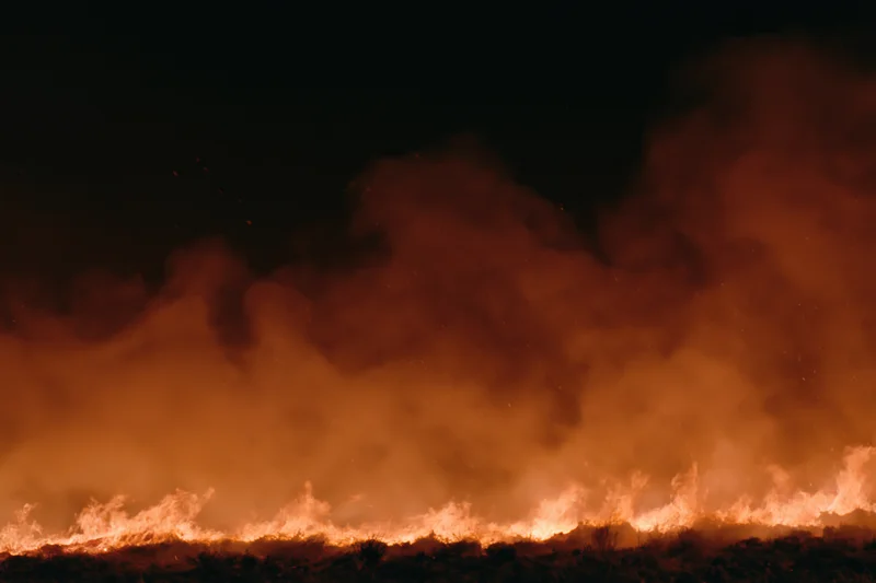 Flames burning across a dark landscape at night with thick smoke rising