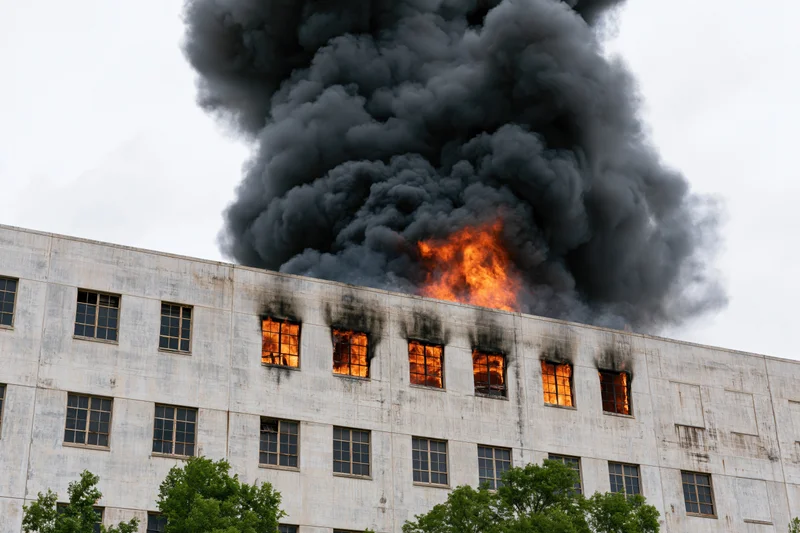 Large industrial concrete building engulfed in flames with thick black smoke rising from windows