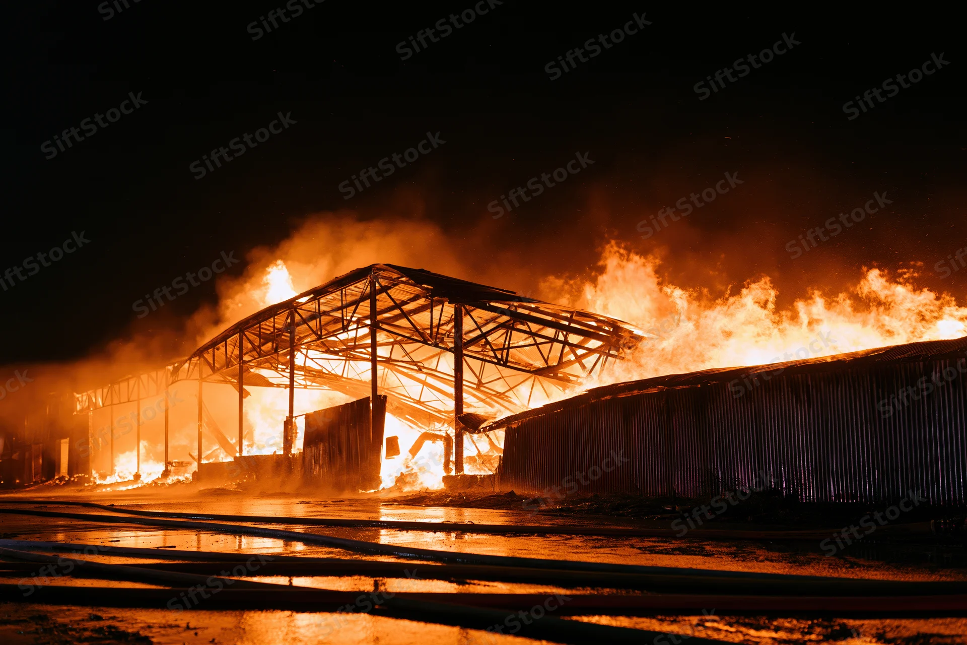 Large industrial warehouse engulfed in flames at night with firehoses on wet ground