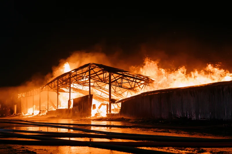 Large industrial warehouse engulfed in flames at night with firehoses on wet ground