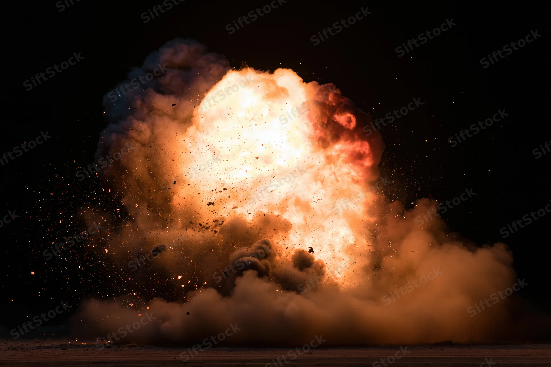 Large explosion bursting at ground level at night with billowing smoke and sparks