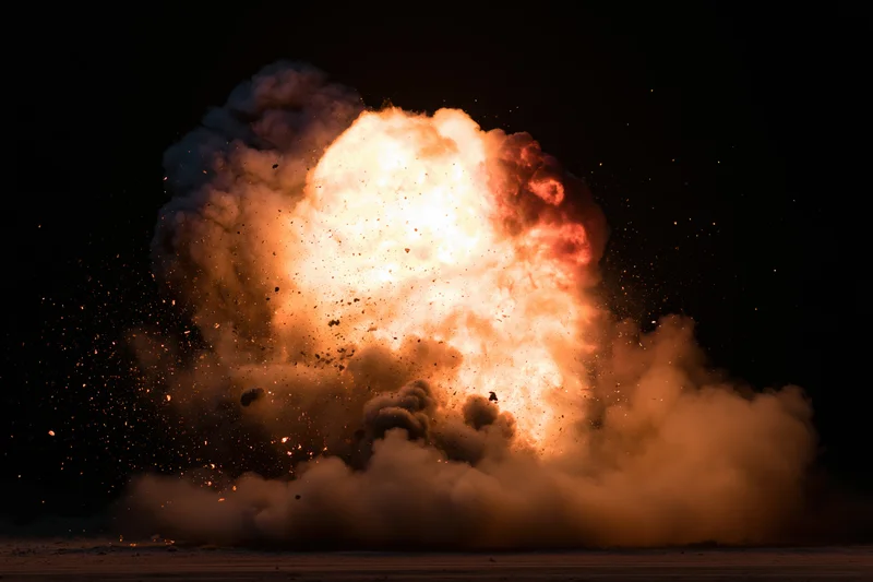 Large explosion bursting at ground level at night with billowing smoke and sparks