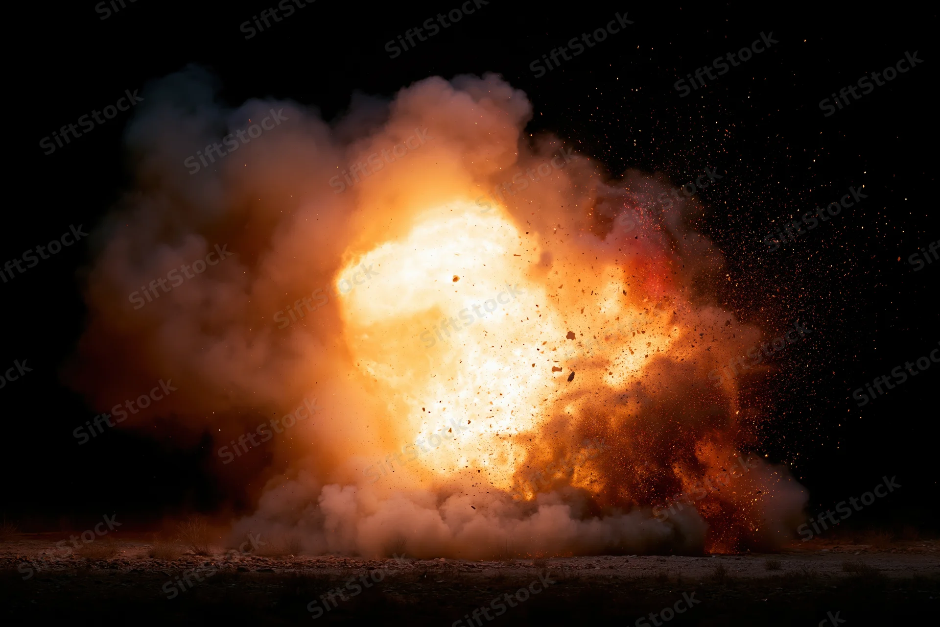 Large explosion bursting at ground level at night with billowing smoke and flying debris