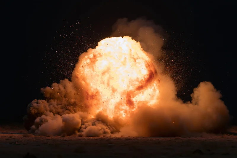 Large explosion bursting at ground level at night with fire and smoke billowing in desert terrain