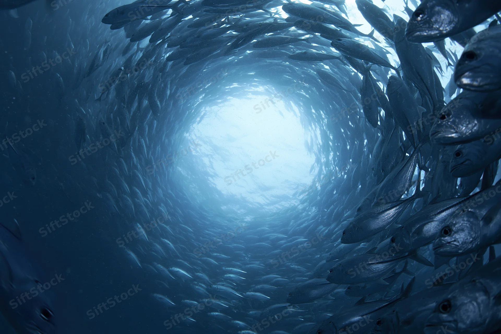 Large school of fish swimming in a tight spiral vortex underwater