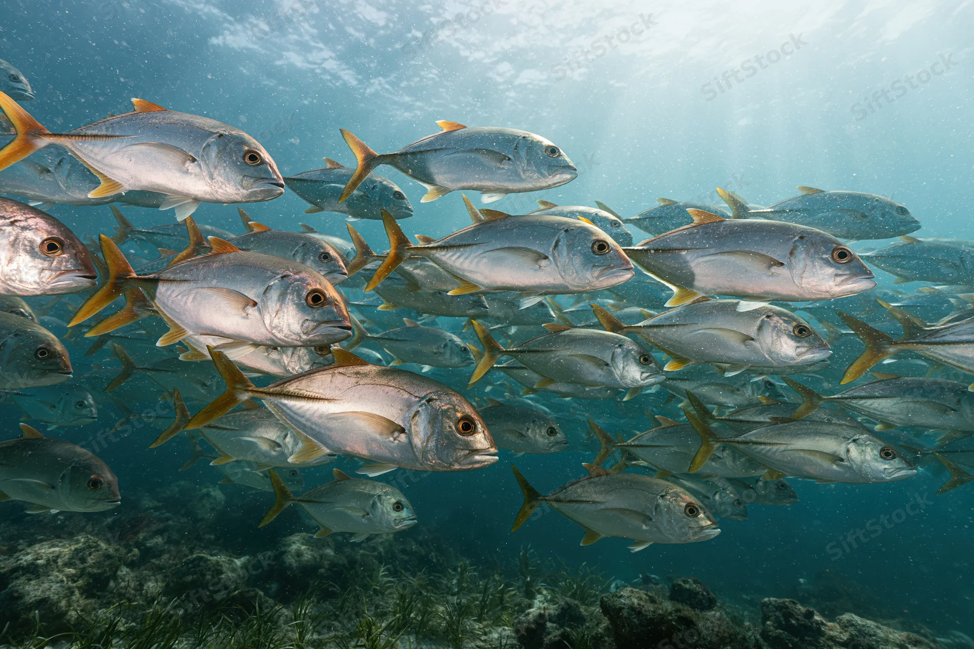 Large school of jack fish swimming in formation underwater near seagrass and coral reef