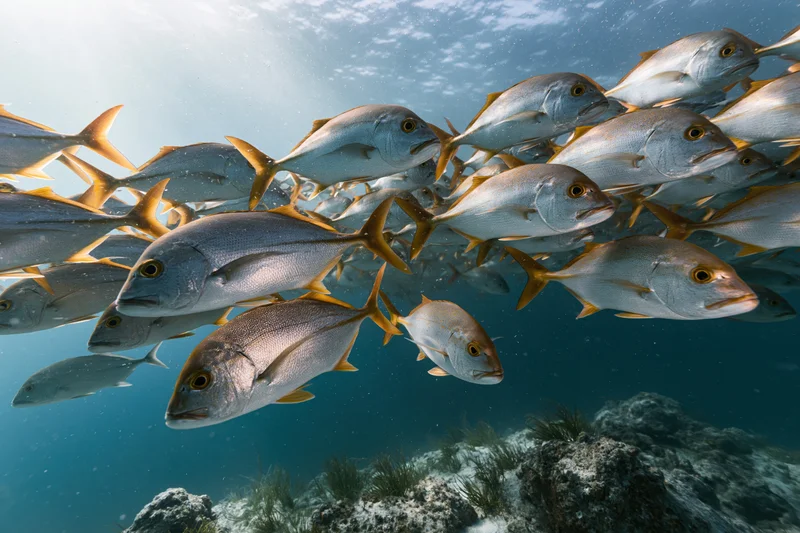 Large school of jack fish swimming in formation underwater near rocky seabed