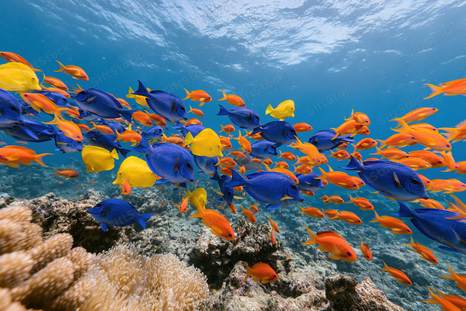 Large school of blue, yellow and orange tropical reef fish swimming over coral in clear ocean water