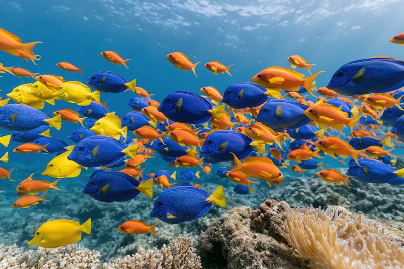 Large school of blue, yellow and orange tropical reef fish swimming over coral and anemones underwater