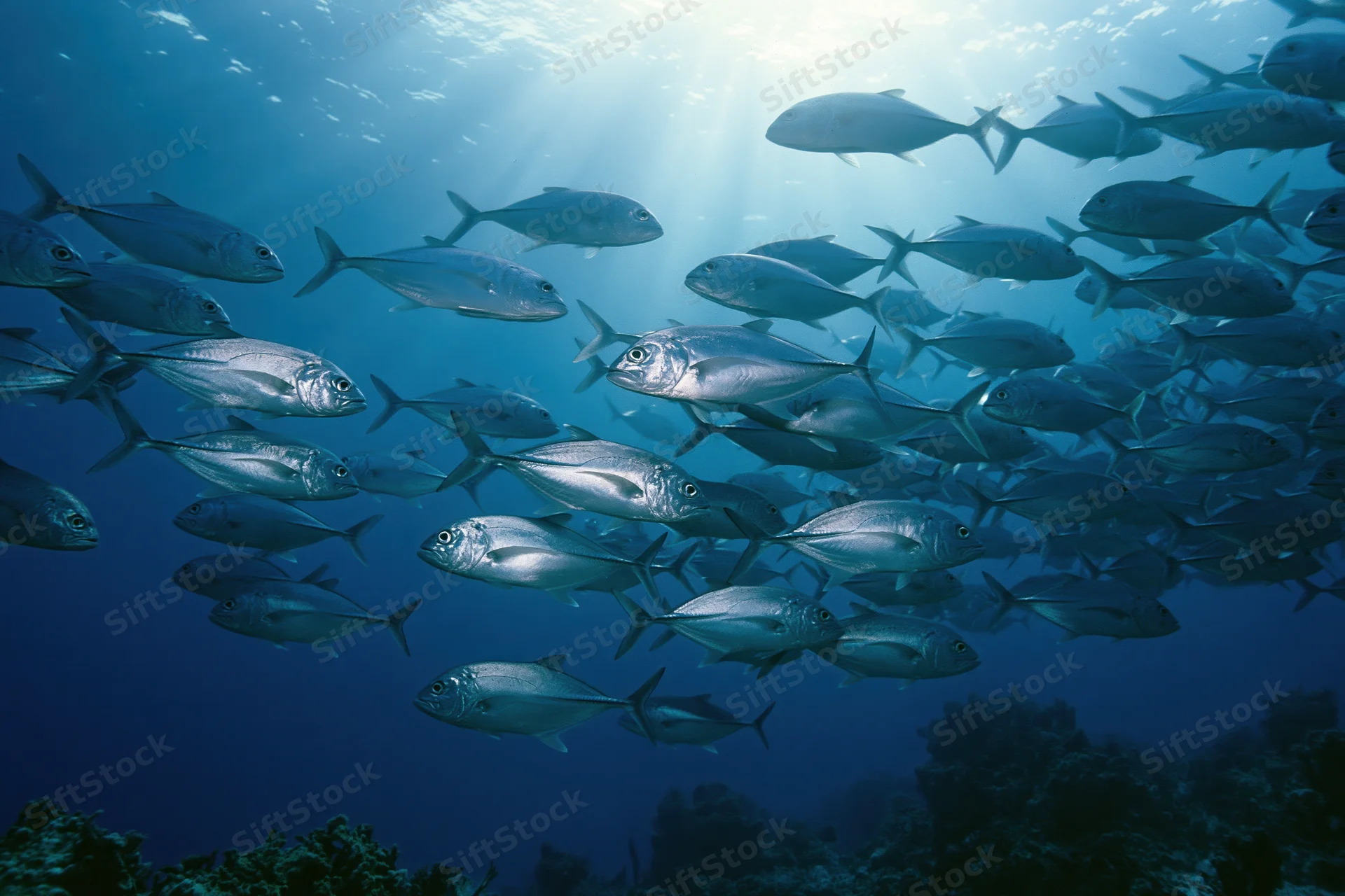 Large school of silver jack fish swimming in loose formation underwater near coral reef