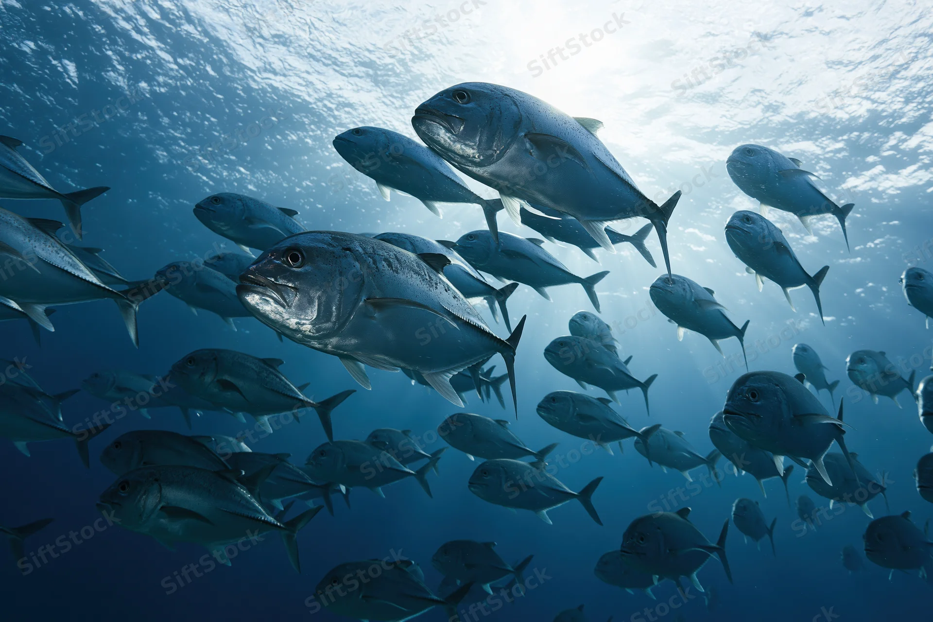 Large school of silver jack fish swimming in open ocean viewed from below with sunlight filtering through water