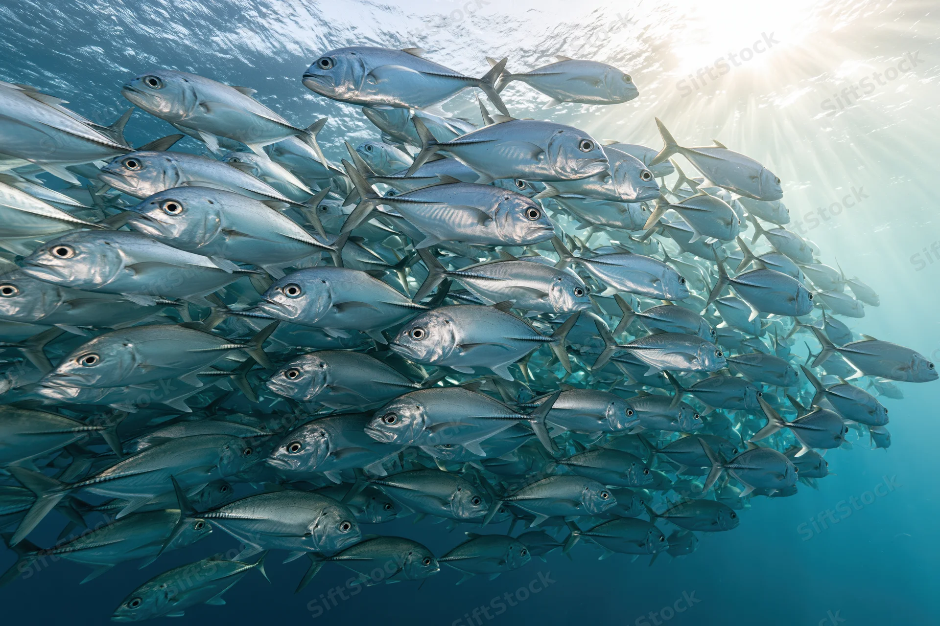 Large school of silver jack fish swimming in tight formation underwater in the ocean