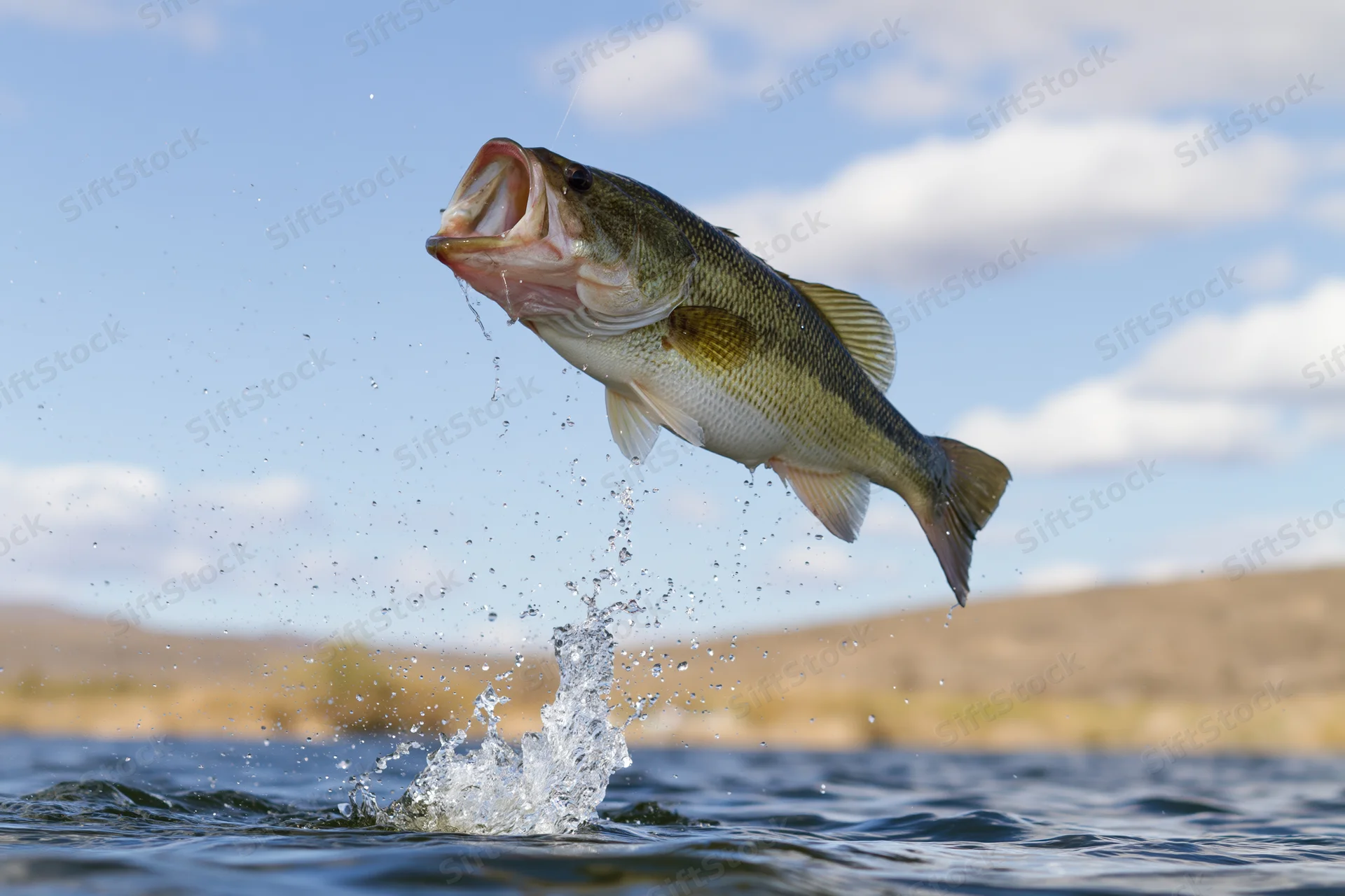 Largemouth bass leaping out of the water with mouth open and splash against blue sky and distant shore