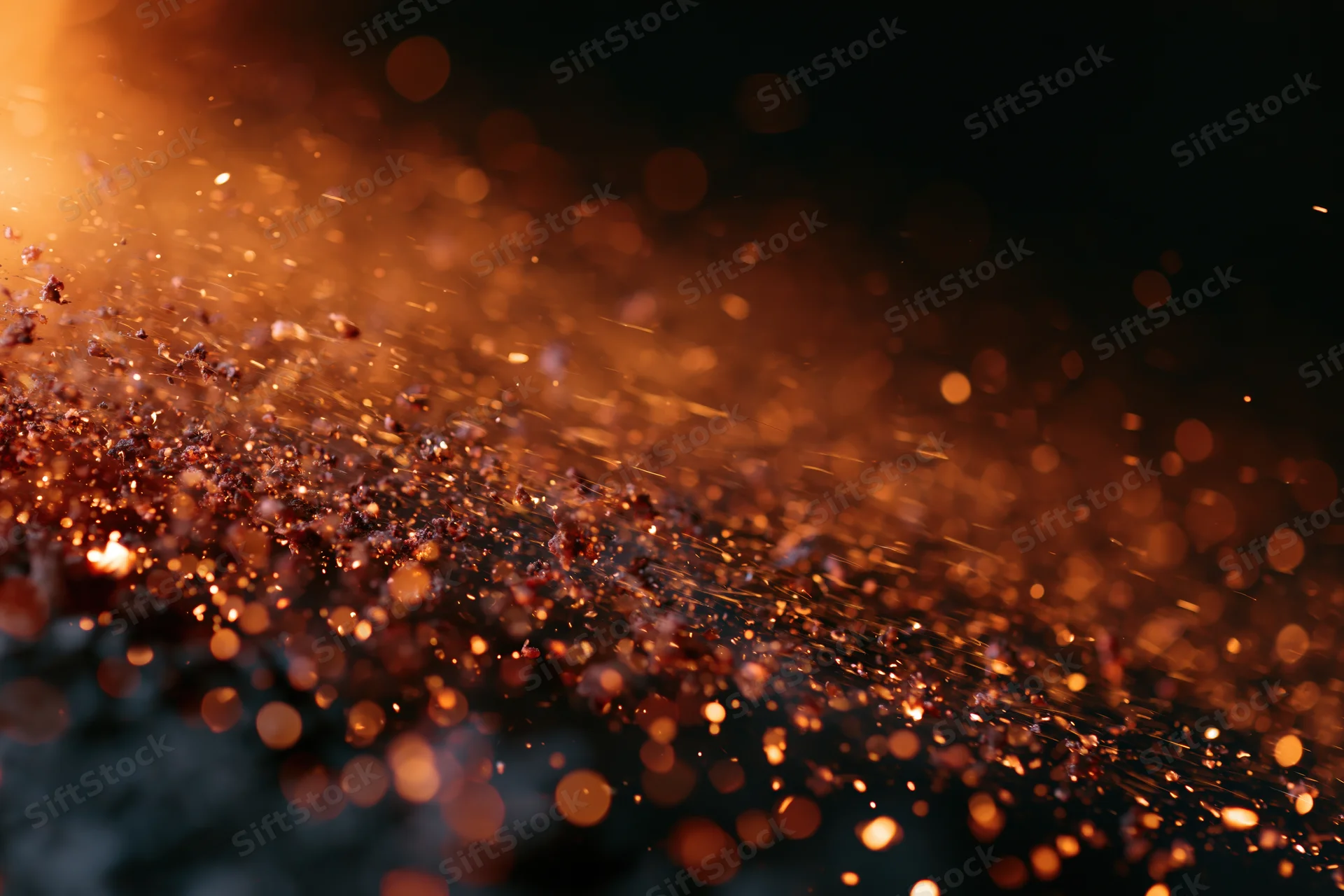 Glowing sparks and embers floating in mid-air against a dark background