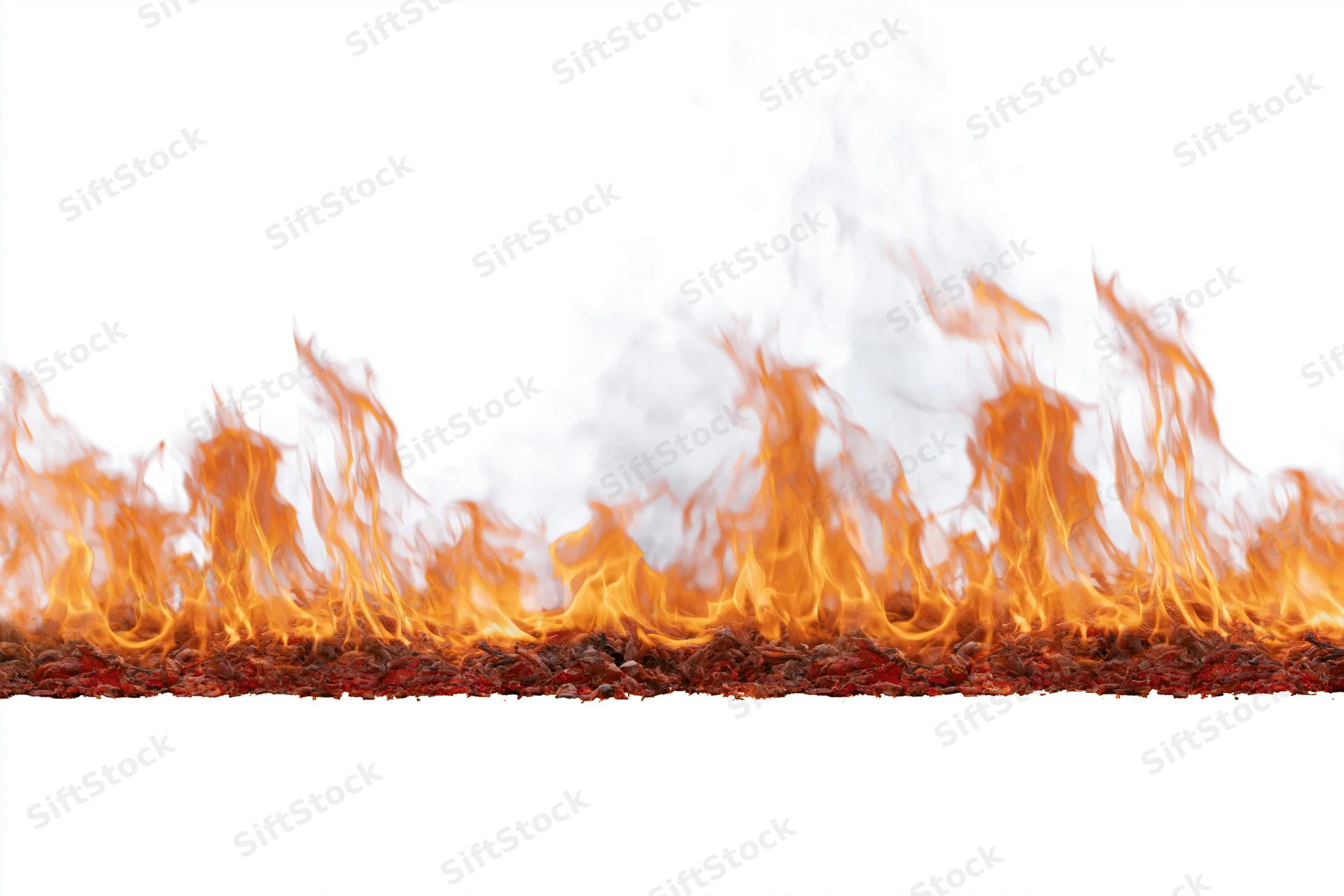 Flames burning along the ground isolated on white background