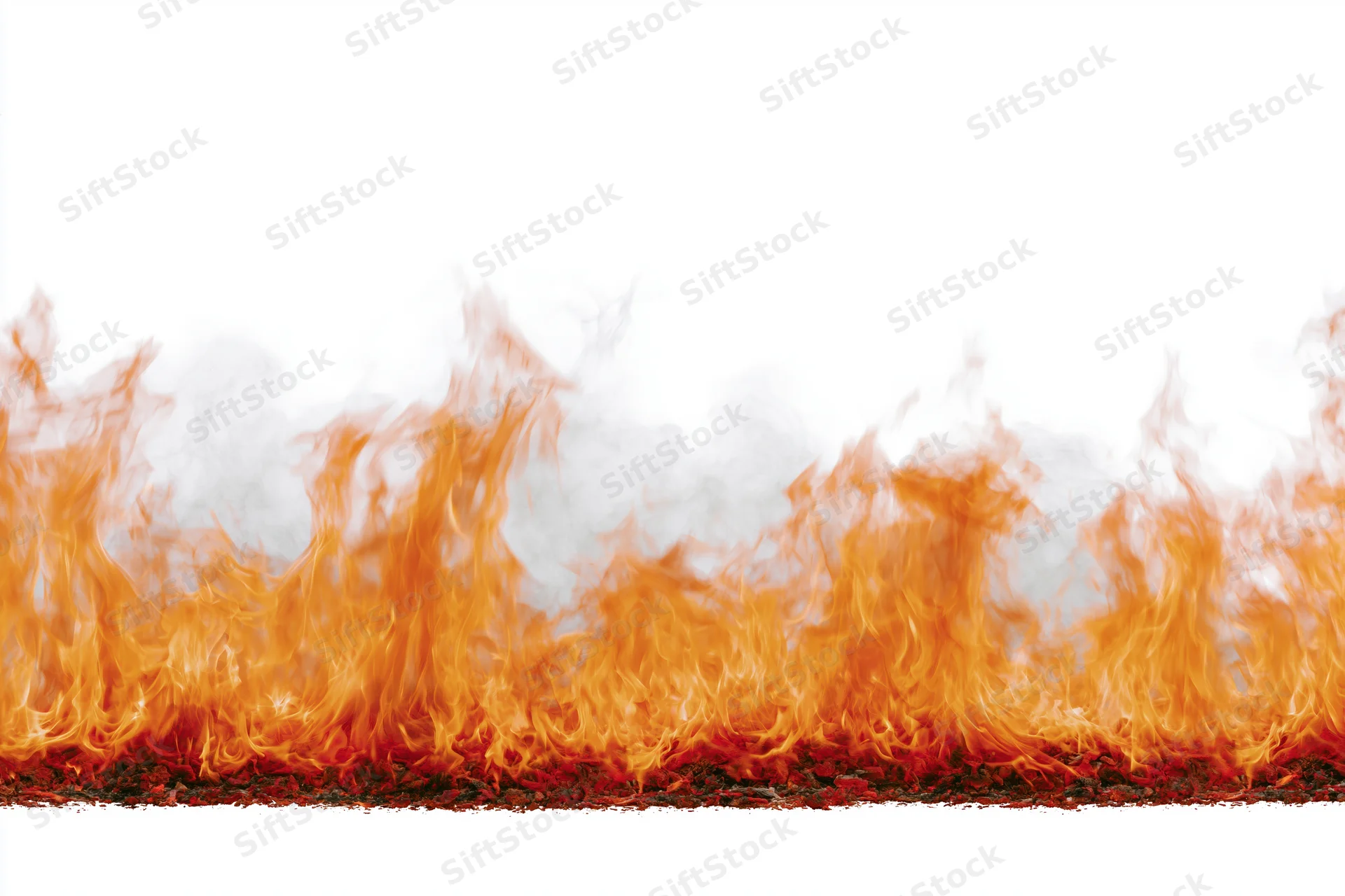 Low wide flames burning along the ground against a white background