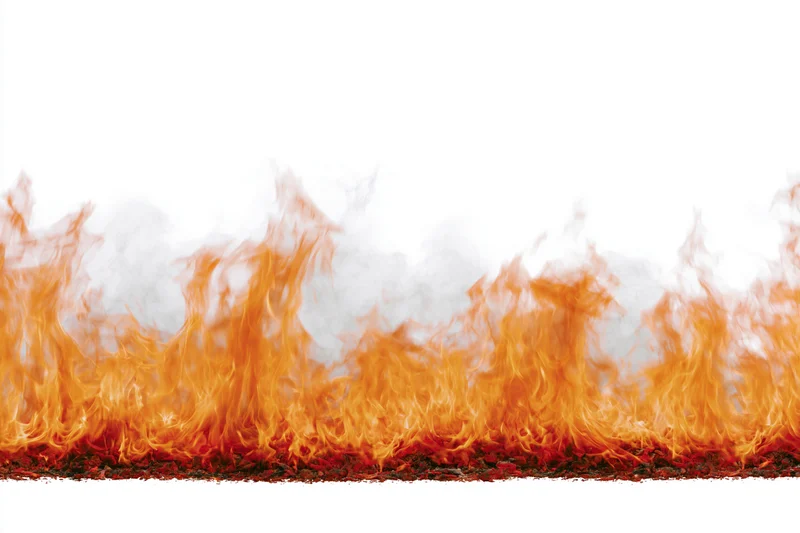 Low wide flames burning along the ground against a white background