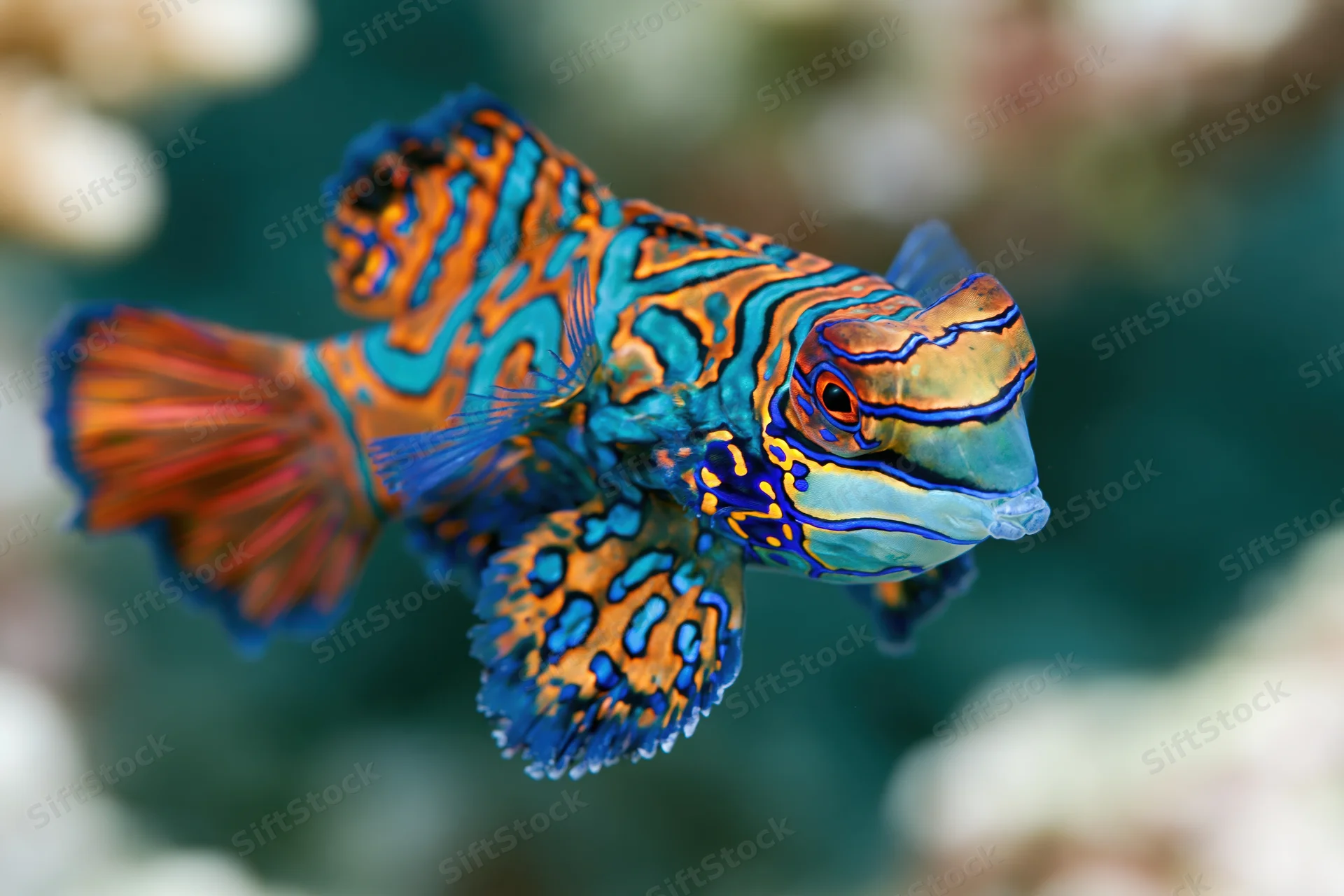 Mandarinfish swimming slowly in shallow reef water closeup