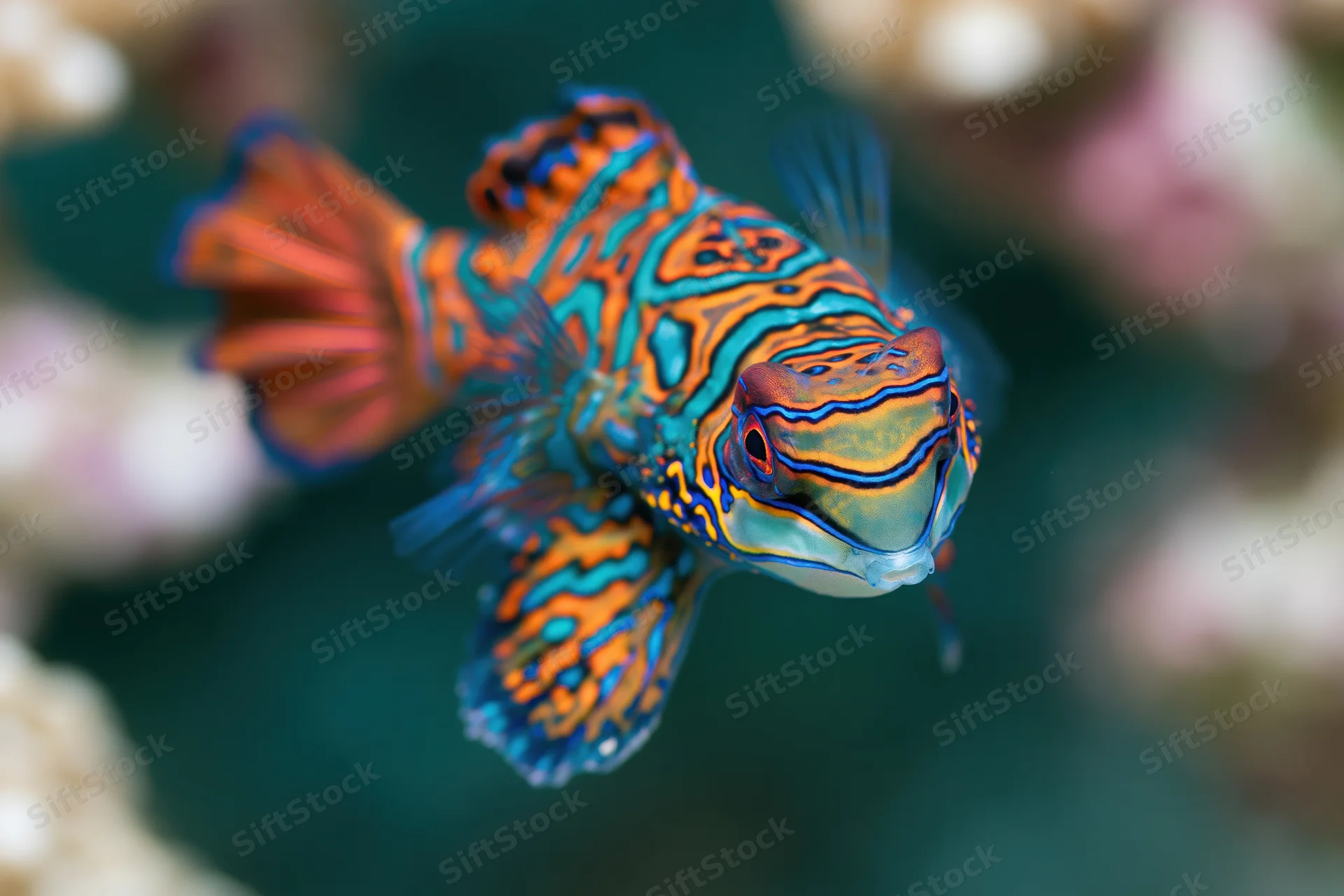 Mandarinfish swimming slowly in shallow reef water close-up