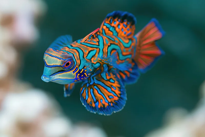 Mandarinfish swimming slowly in shallow reef water close-up
