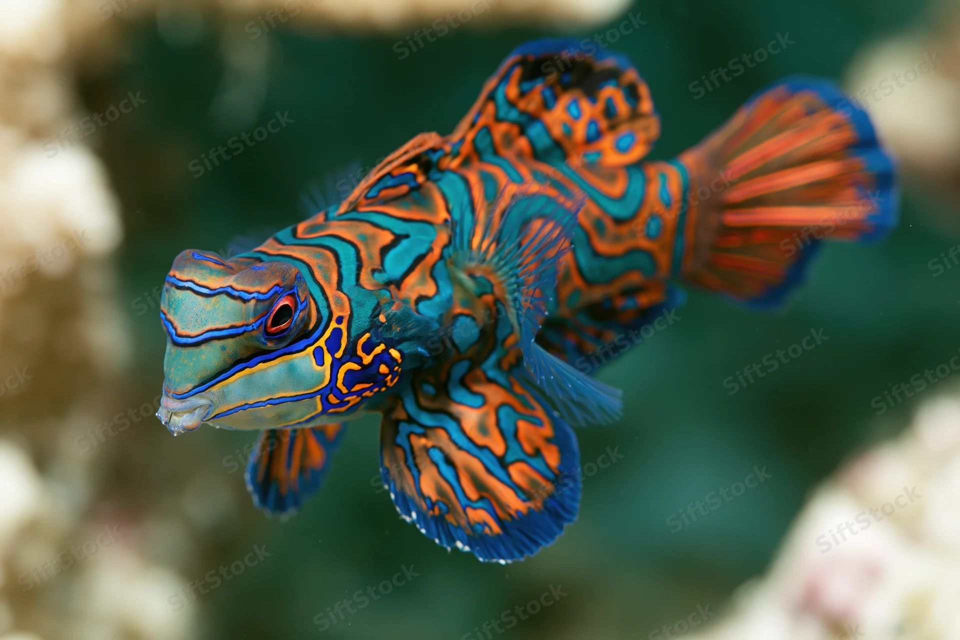 Mandarinfish swimming slowly in shallow reef water close-up