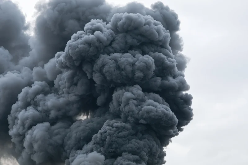 Massive billowing column of dark grey smoke rising into overcast sky