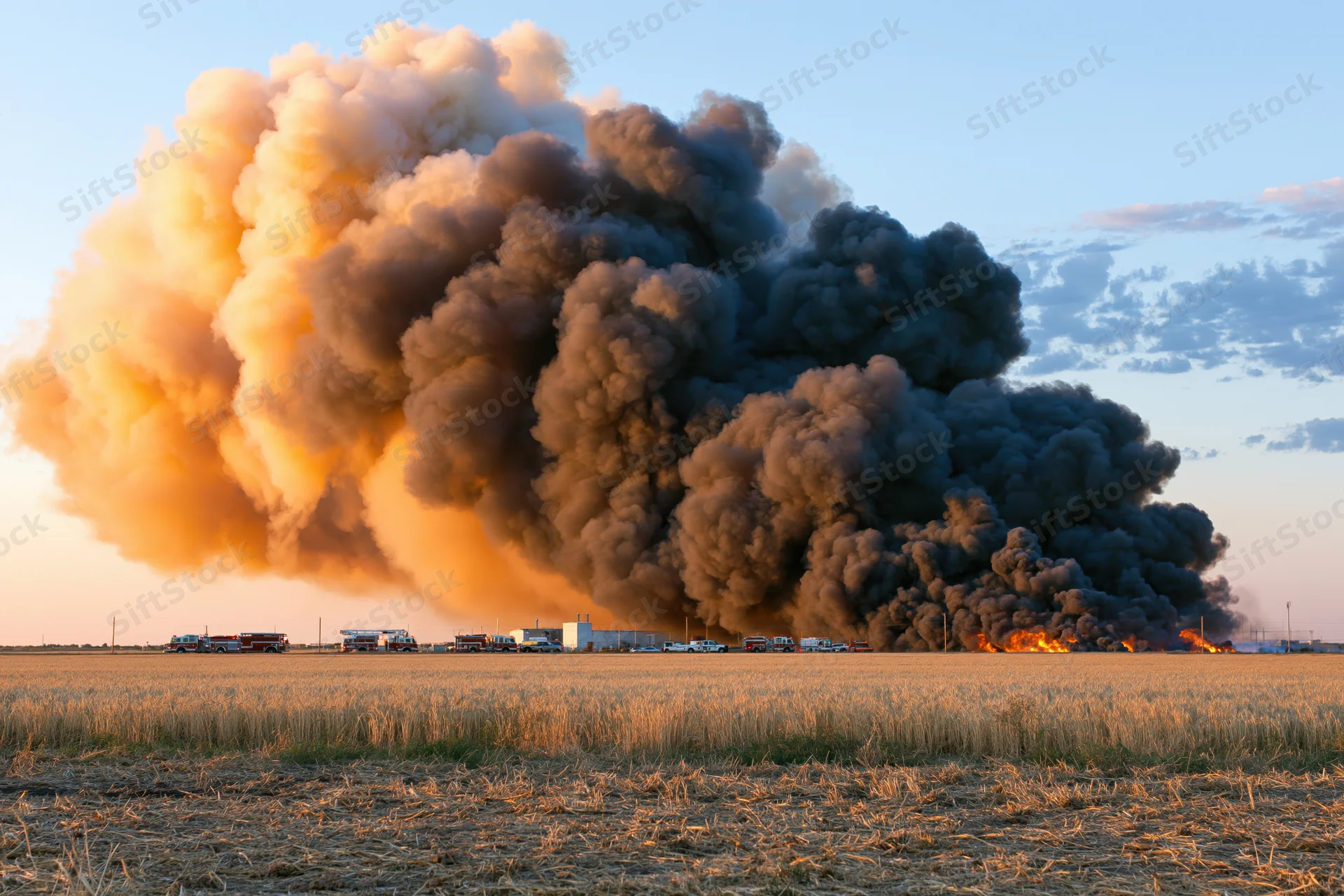Massive smoke plume rising from burning industrial facility in rural field at sunset