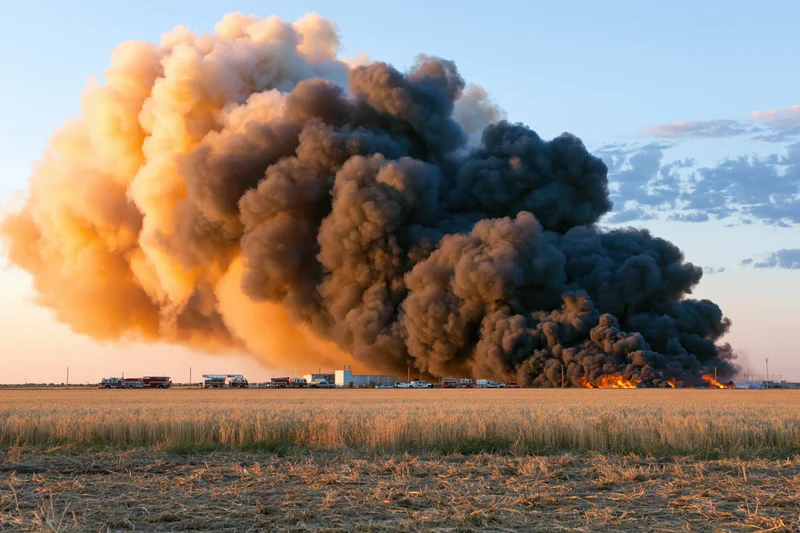 Massive smoke plume rising from burning industrial facility in rural field at sunset